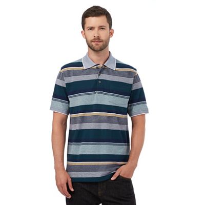 Green and navy textured striped print polo shirt